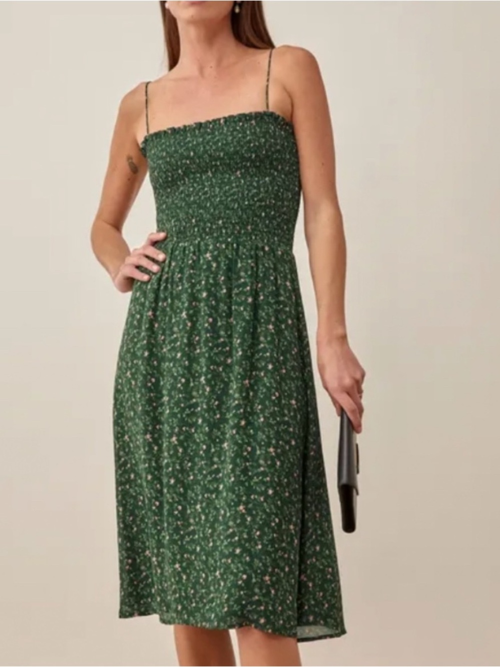 Reformation Smocked Green Floral Midi Dress size S
